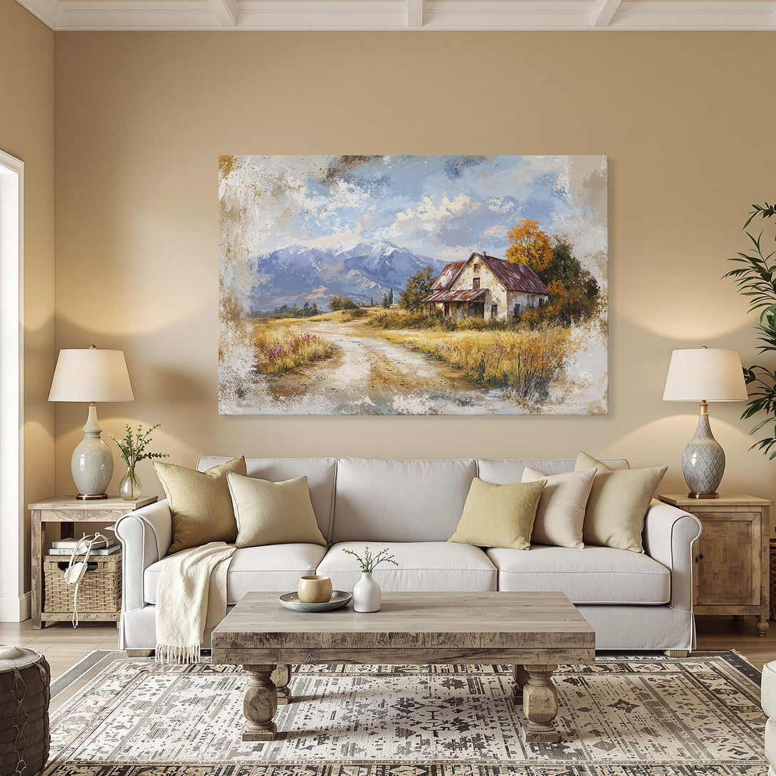 Framed Wall Art of a rustic landscape with a house and mountains, warm autumn color palette, perfect for cozy interiors.