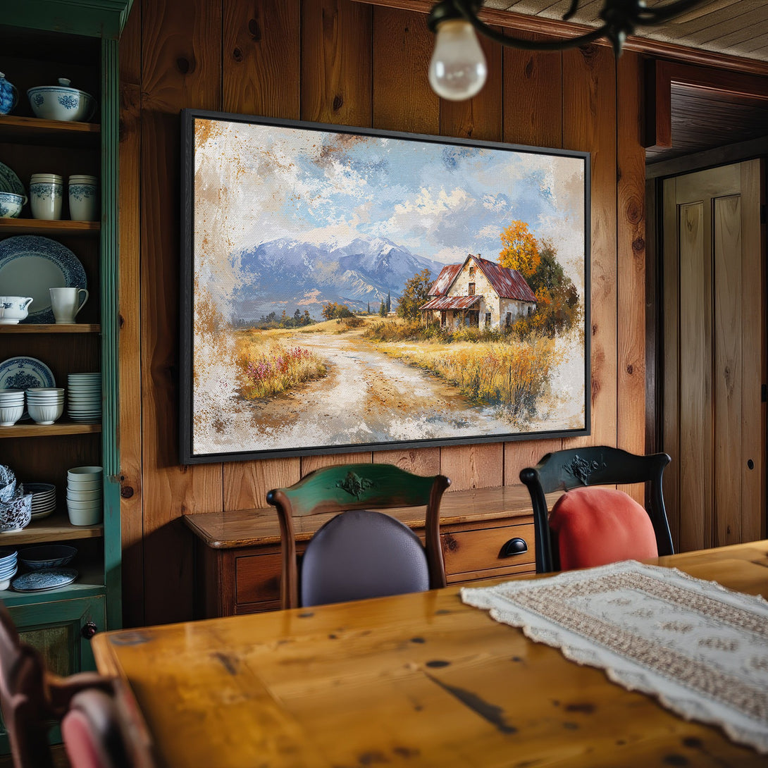 Framed Wall Art: Rustic landscape canvas print with mountain and farmhouse scene in warm, earthy tones. Perfect for adding a cozy, vintage touch to your home.