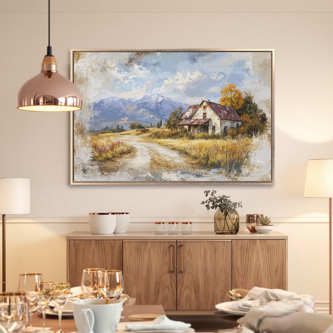 Framed Wall Art: Rustic landscape painting in warm tones. Enhance your home decor with this beautiful canvas print featuring a charming farmhouse scene.