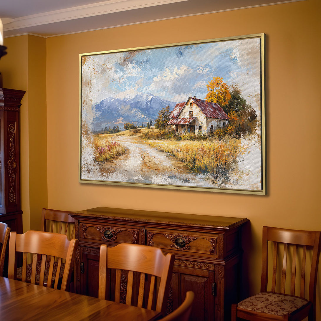 Canvas Print of a serene landscape painting with a farmhouse, mountains, and warm color palette. Perfect for rustic home decor.