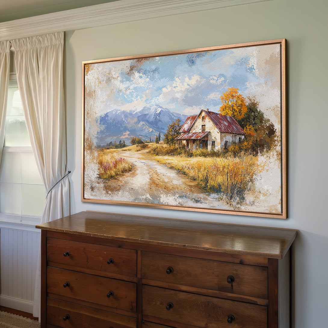 Framed Wall Art: Rustic landscape Canvas Print with a warm, autumnal color palette. Features a charming farmhouse and mountain backdrop. Perfect for home decor!