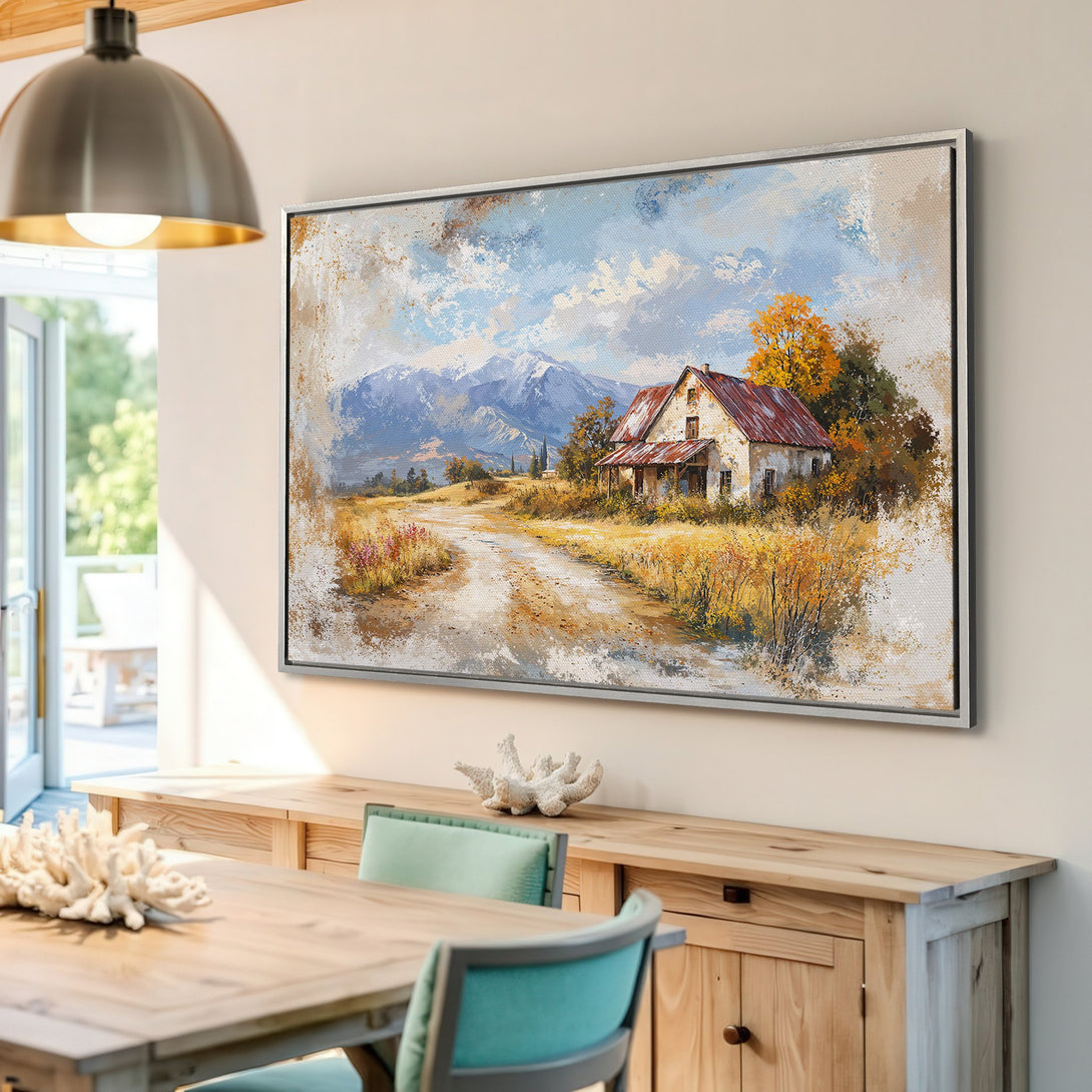 Framed Wall Art: Rustic landscape Canvas Print with warm autumn colors. Perfect farmhouse decor for your home!