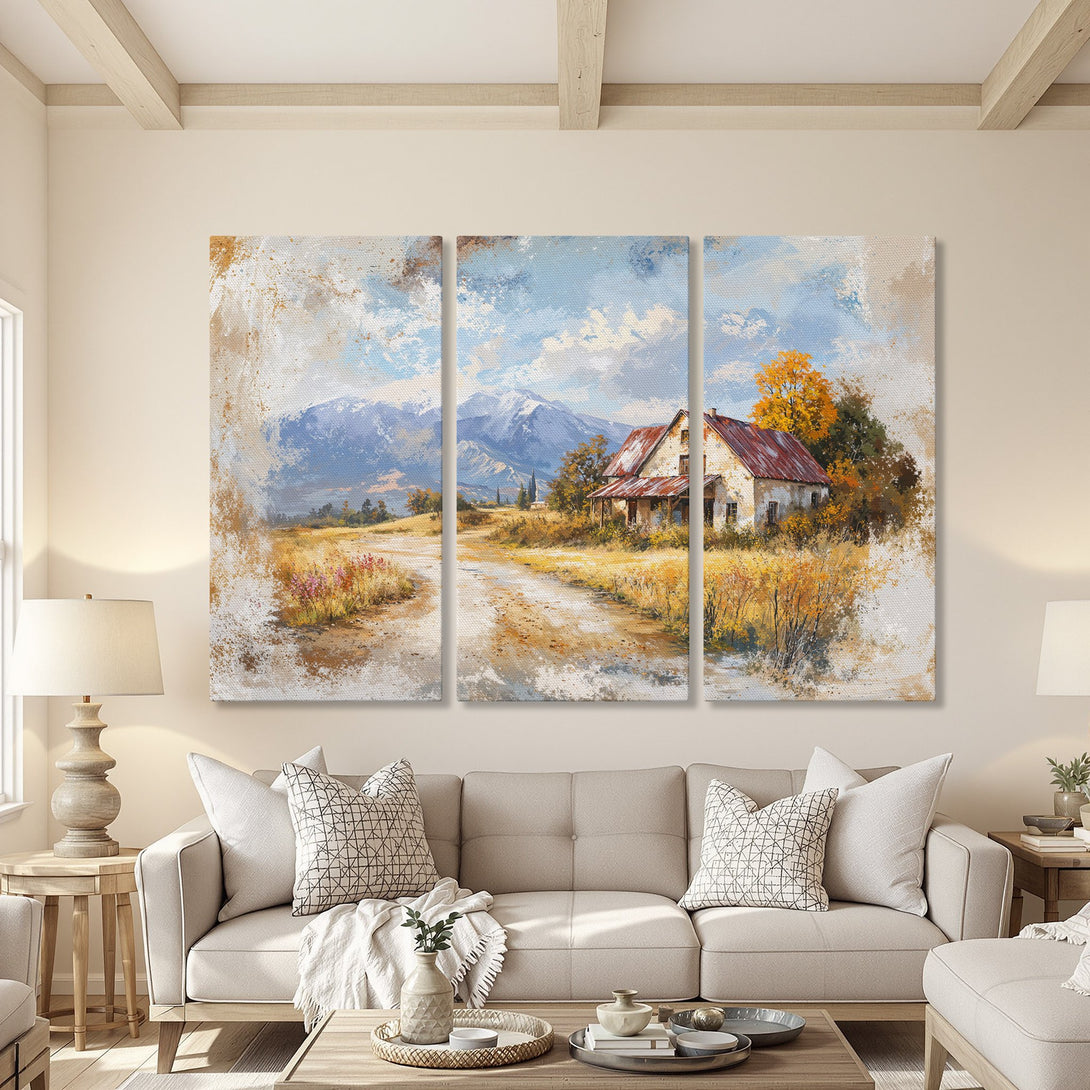 Canvas Print of a rustic landscape painting featuring a farmhouse, mountains, and warm color palette. Perfect wall art for a cozy home.