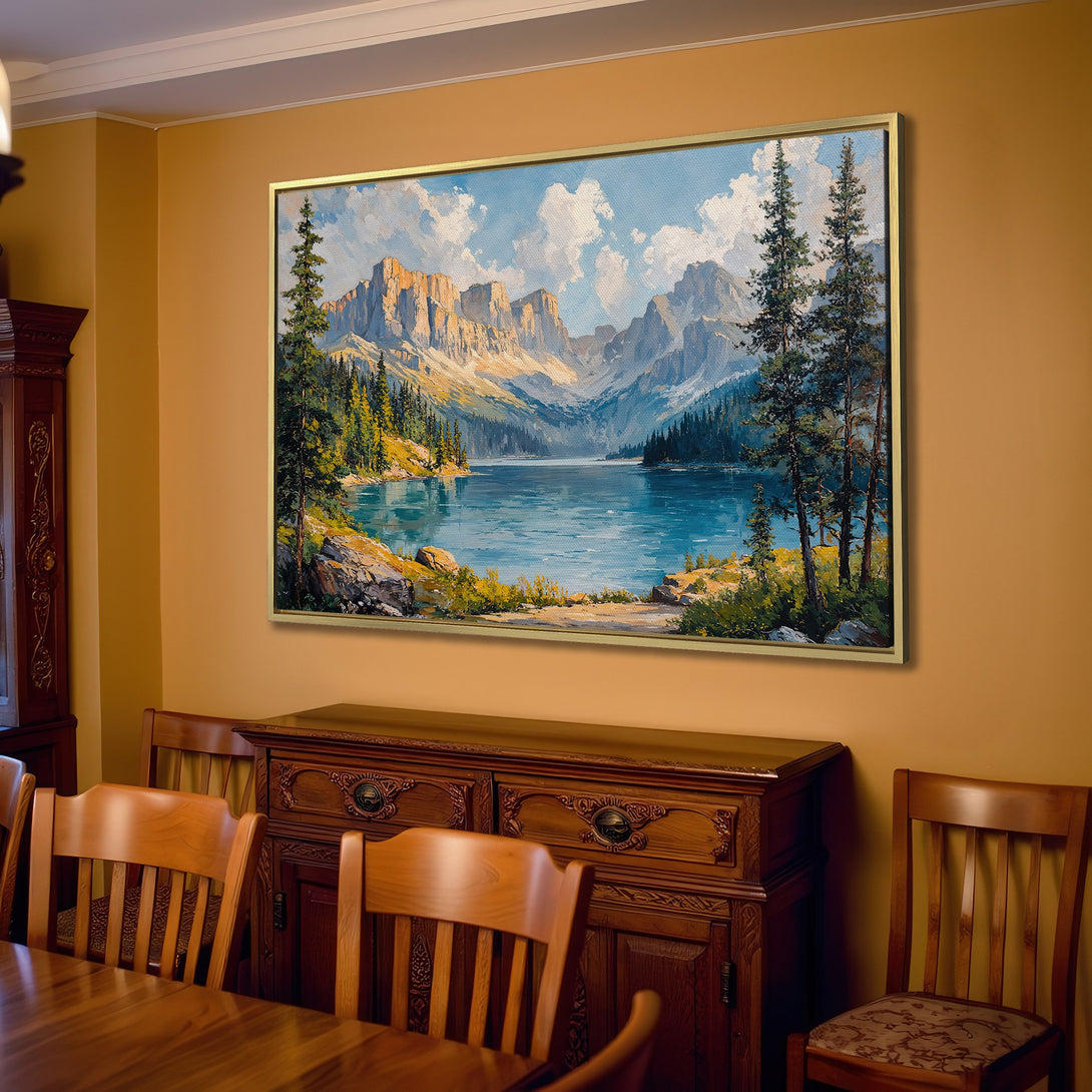Canvas Print of a serene mountain lake landscape in a warm, neutral interior. Features blues, greens, and earth tones, perfect for adding a touch of nature.