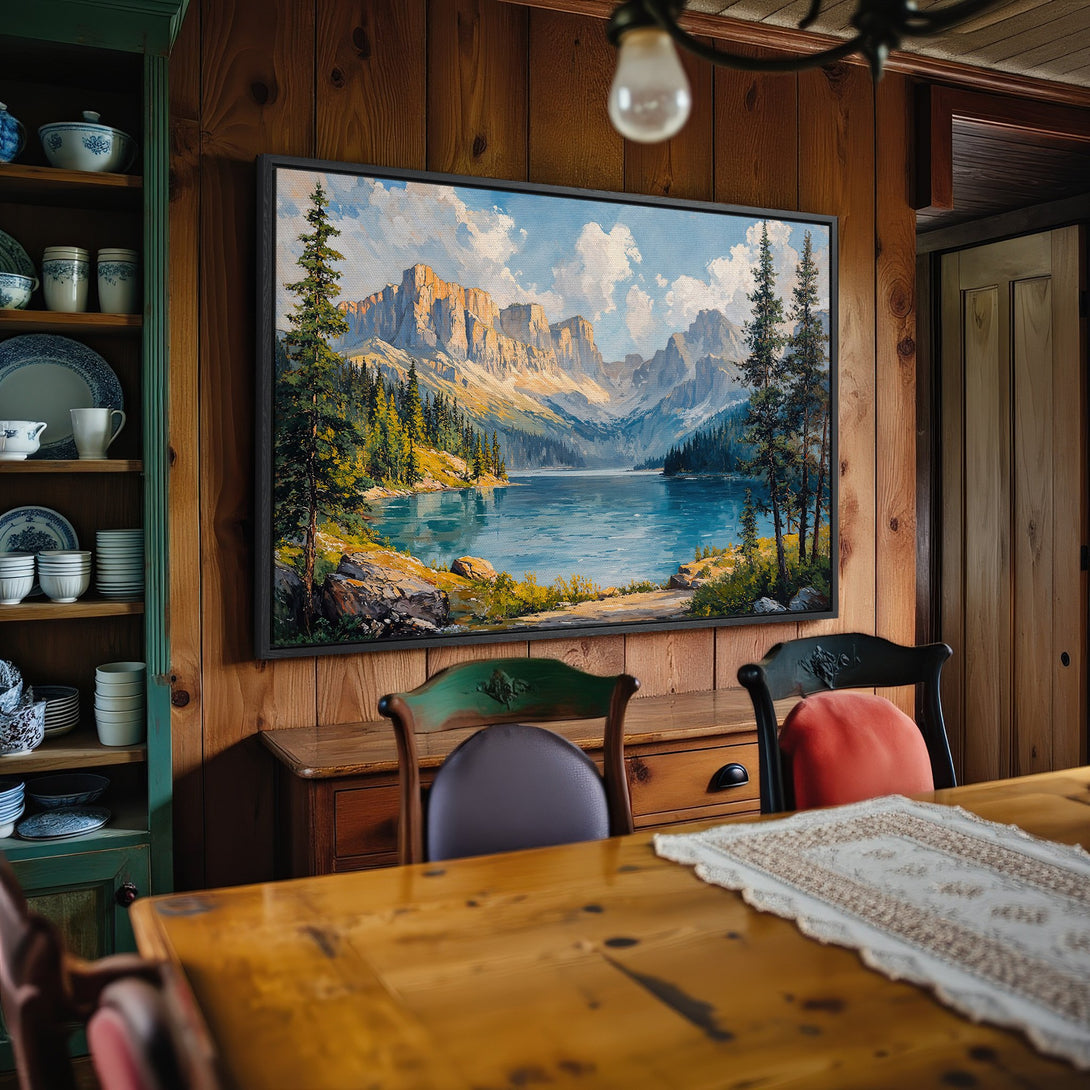 Framed Wall Art: Stunning mountain lake landscape Canvas Print in a rustic interior. Featuring blues, greens, and golds. Elevate your home decor today!