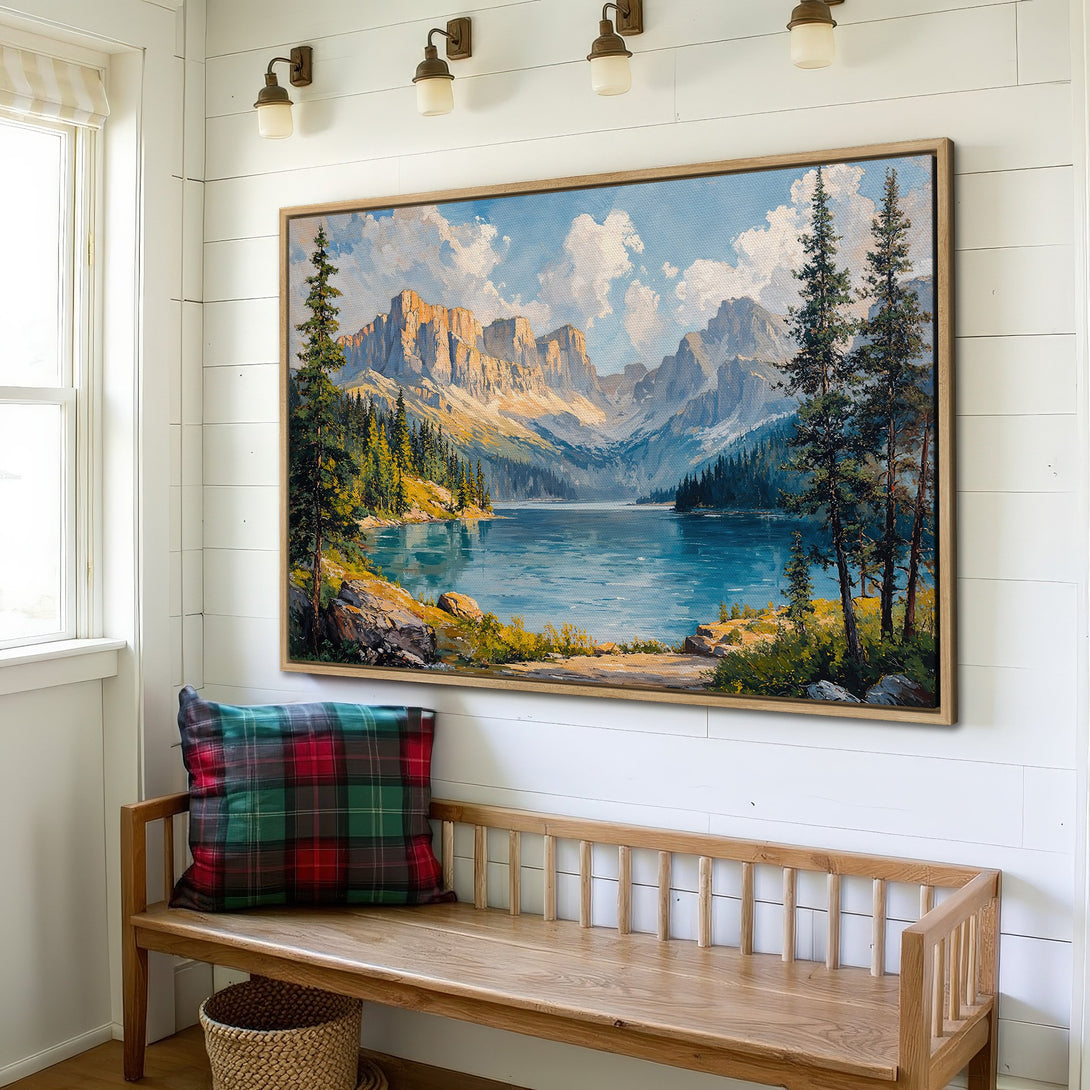 Framed Wall Art: Mountain lake landscape Canvas Print in blue, green, and gold tones. Rustic art for home decor.