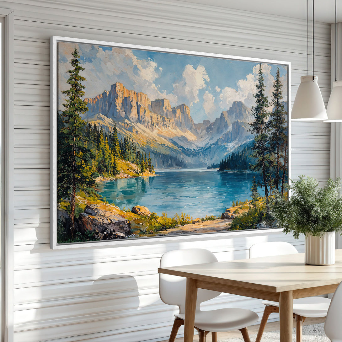 Framed Wall Art: Majestic mountain lake landscape art in a vibrant blue, green, and gold palette. Perfect for adding a touch of nature to your home decor.