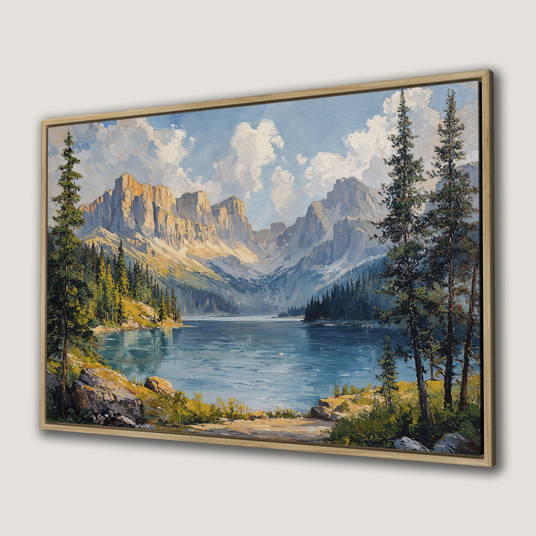 Framed Wall Art: Mountain lake landscape Canvas Print. Serene painting with blue, green, and gold hues. Bring nature's beauty into your home!