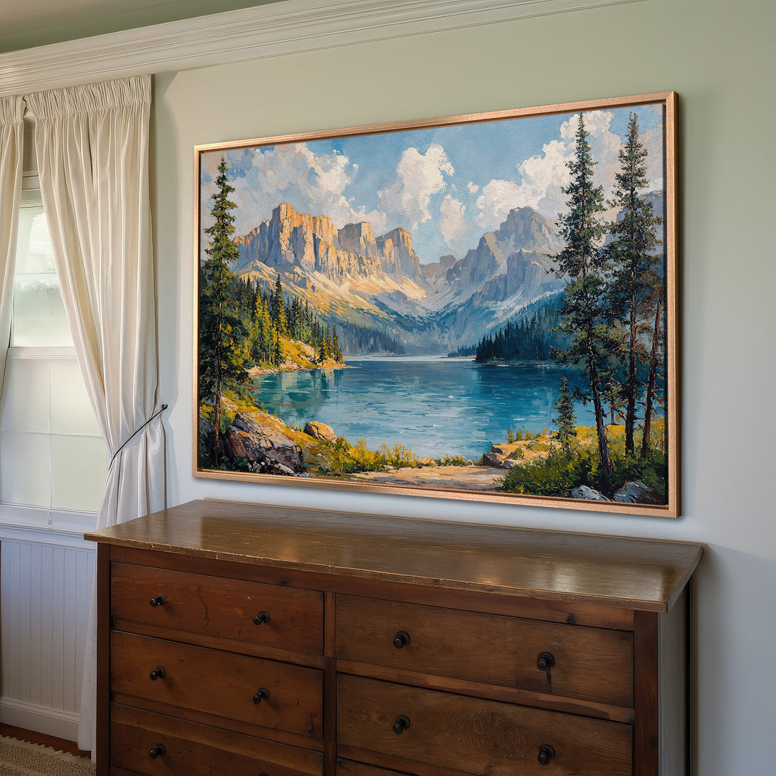 Framed Wall Art: Majestic mountain lake landscape canvas print in blue, green, and gold. Bring the beauty of nature into your home!