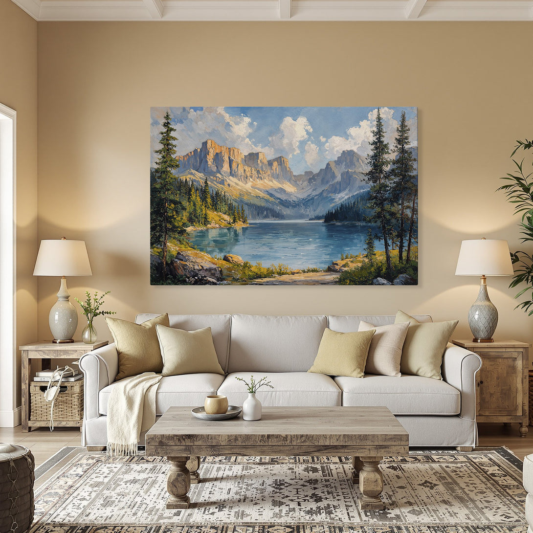 Framed Wall Art: Stunning landscape Canvas Print featuring a mountain lake scene. Beautiful blue, green, and gold color palette, perfect for adding a touch of nature to your home.