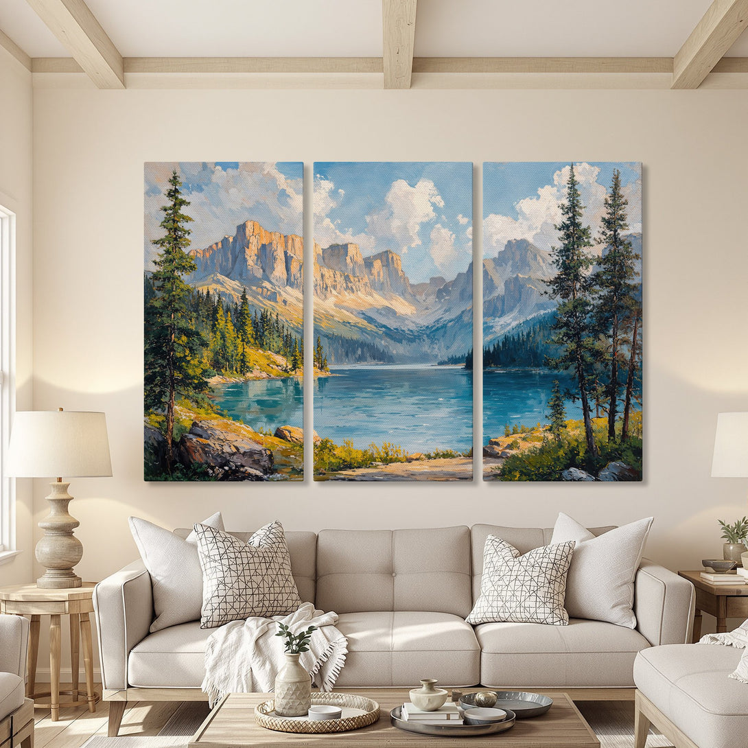 Canvas Print of a serene mountain lake landscape painting. Features blue, green, and gold hues. Perfect for adding a touch of nature to your home decor.