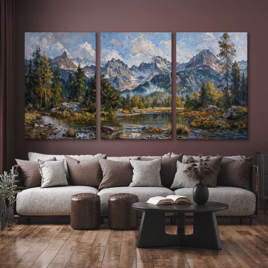 Canvas Print: Stunning mountain landscape art in a warm, earthy palette. Perfect for adding a touch of nature and elegance to your living room.