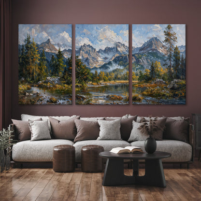 Mountain Landscape Canvas Print with River and Green Trees