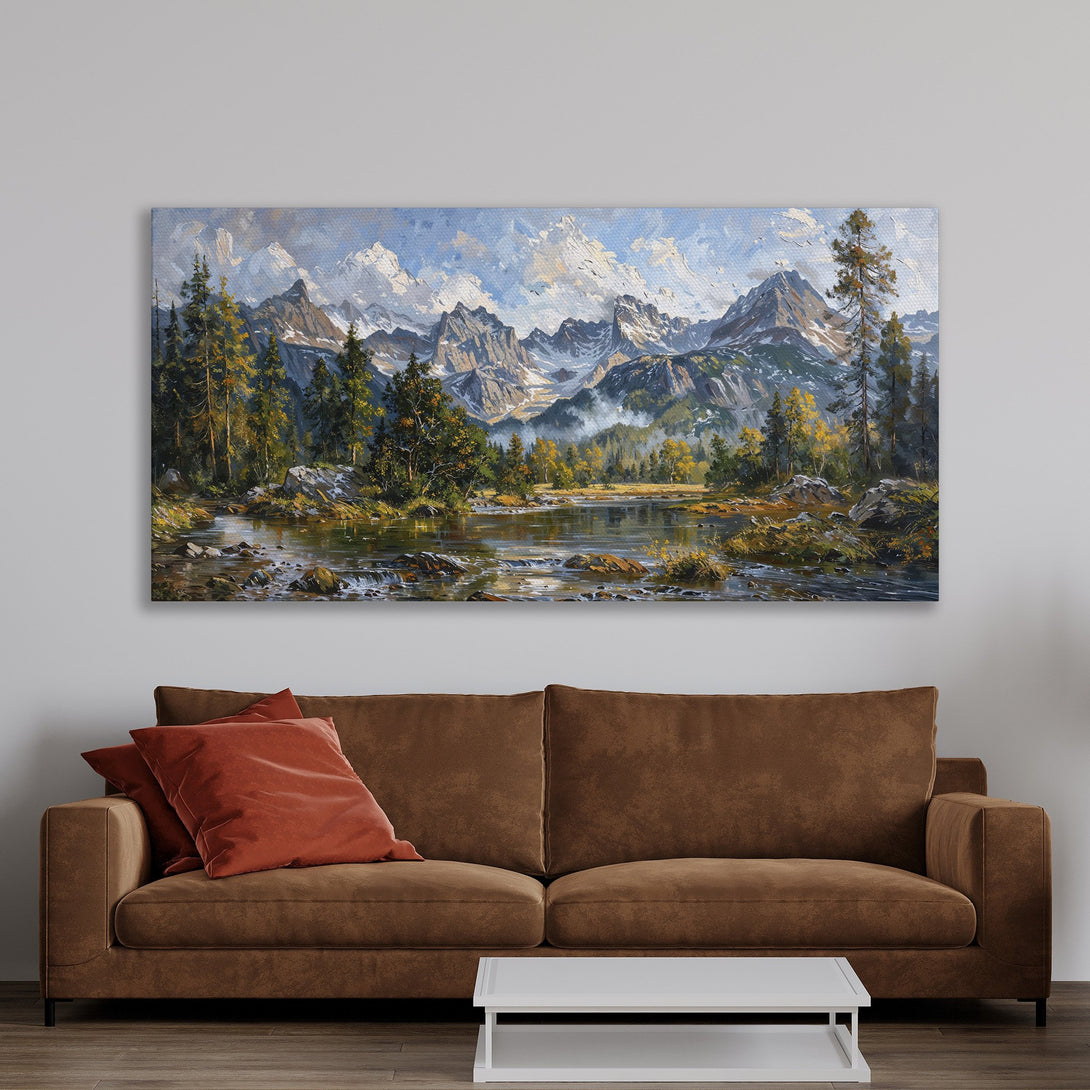 Framed Wall Art: Majestic mountain landscape painting in a warm, earthy interior. Nature-inspired art with a blue, green, and brown color palette. Elevate your space!