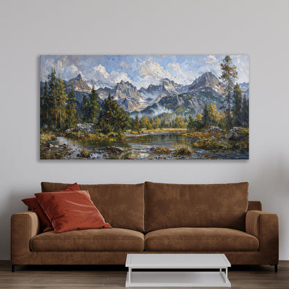 Mountain Landscape Canvas Print with River and Green Trees