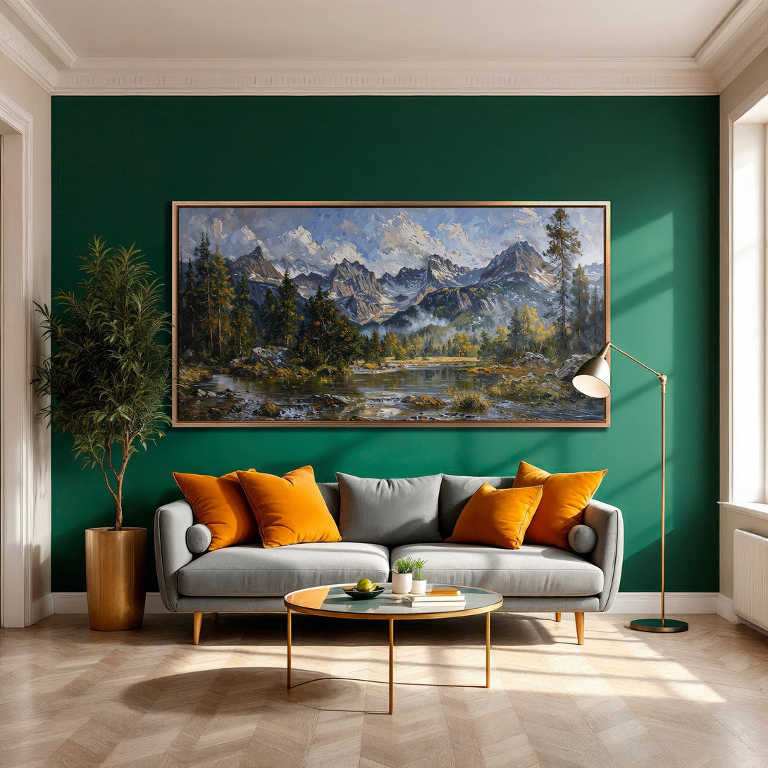 Framed Wall Art: Mountain landscape Canvas Print in a living room, featuring a cool blue, green, and gold color palette. Perfect for adding a touch of nature.