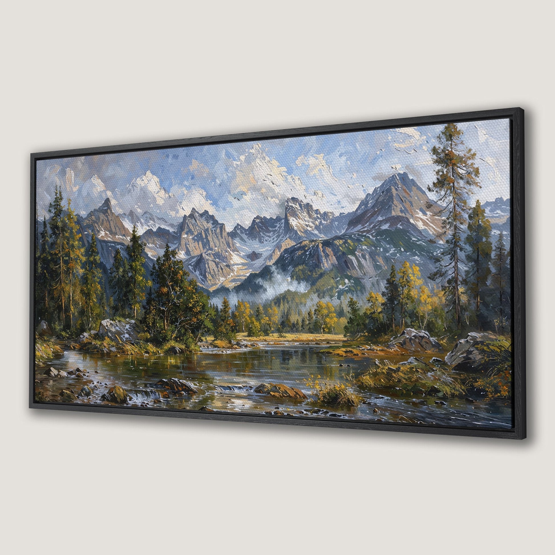 Mountain Landscape Canvas Print with River and Green Trees