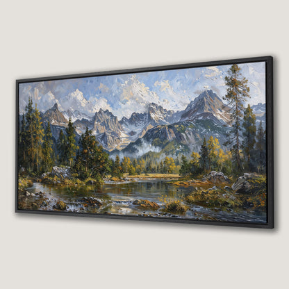 Mountain Landscape Canvas Print with River and Green Trees