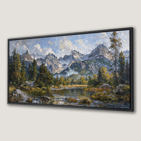 Framed Wall Art: Mountain landscape painting in a classic style with a cool blue, green, and yellow color palette. Bring nature indoors with this Canvas Print!