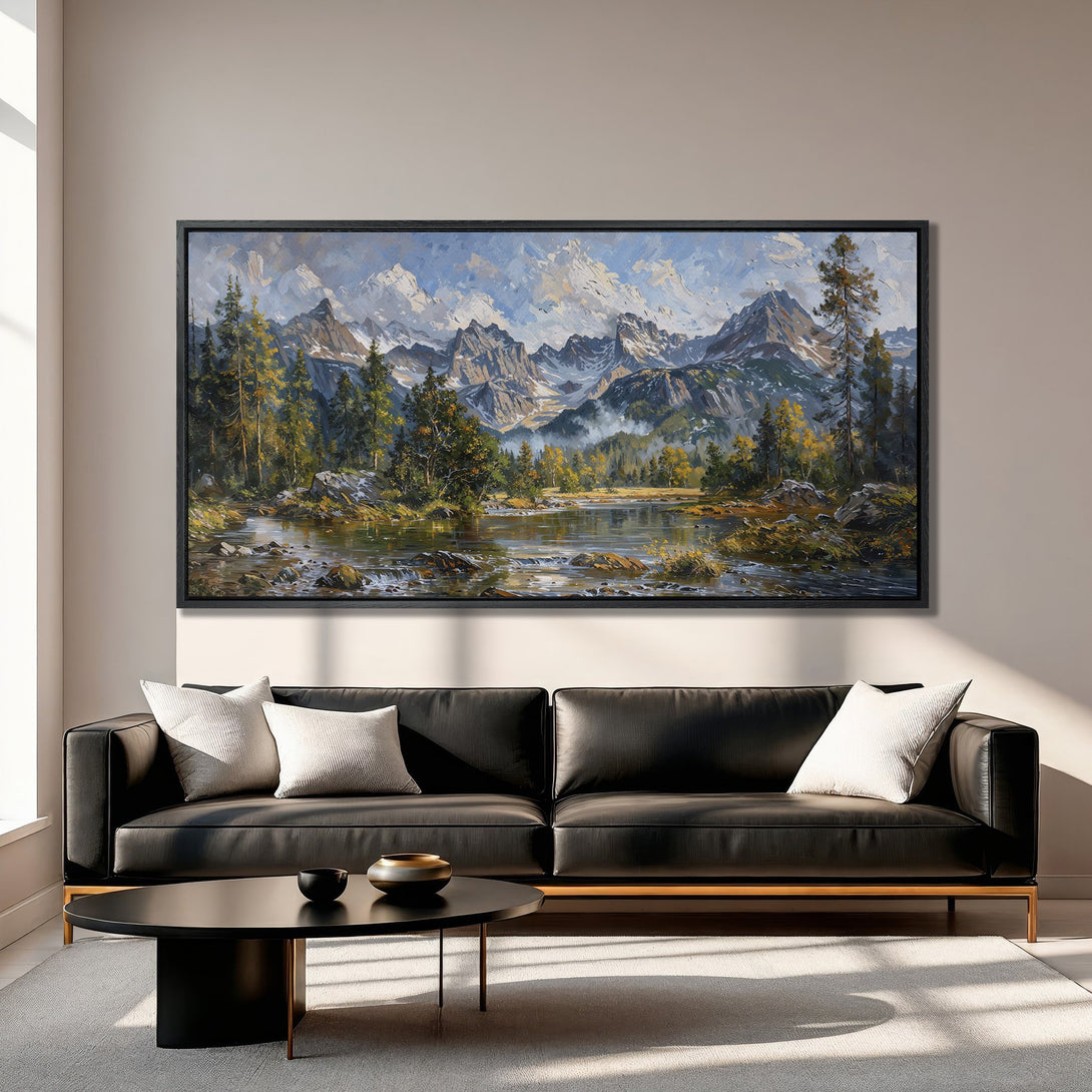 Framed Wall Art: Stunning mountain landscape Canvas Print in a living room setting. Featuring cool blues, greens, and warm earth tones. Elevate your space!
