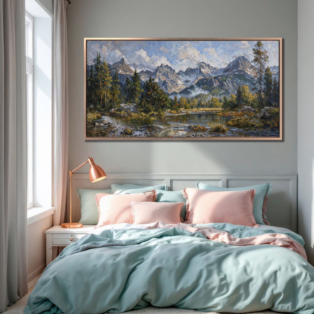 Framed Wall Art: Mountain landscape painting with a warm color palette, displayed in a bedroom. Enhance your space with stunning wall art!