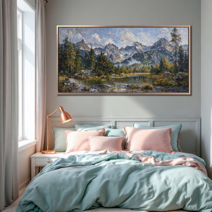 Mountain Landscape Canvas Print with River and Green Trees
