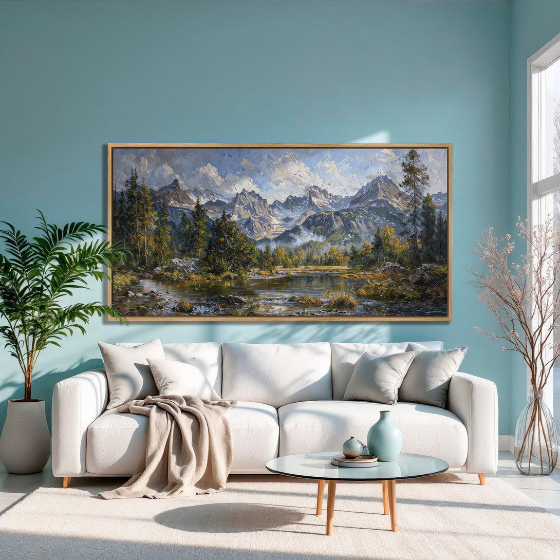 Framed Wall Art: Mountain landscape Canvas Print in a living room. Oil painting style with blue, green, and neutral tones. Elevate your space with art!