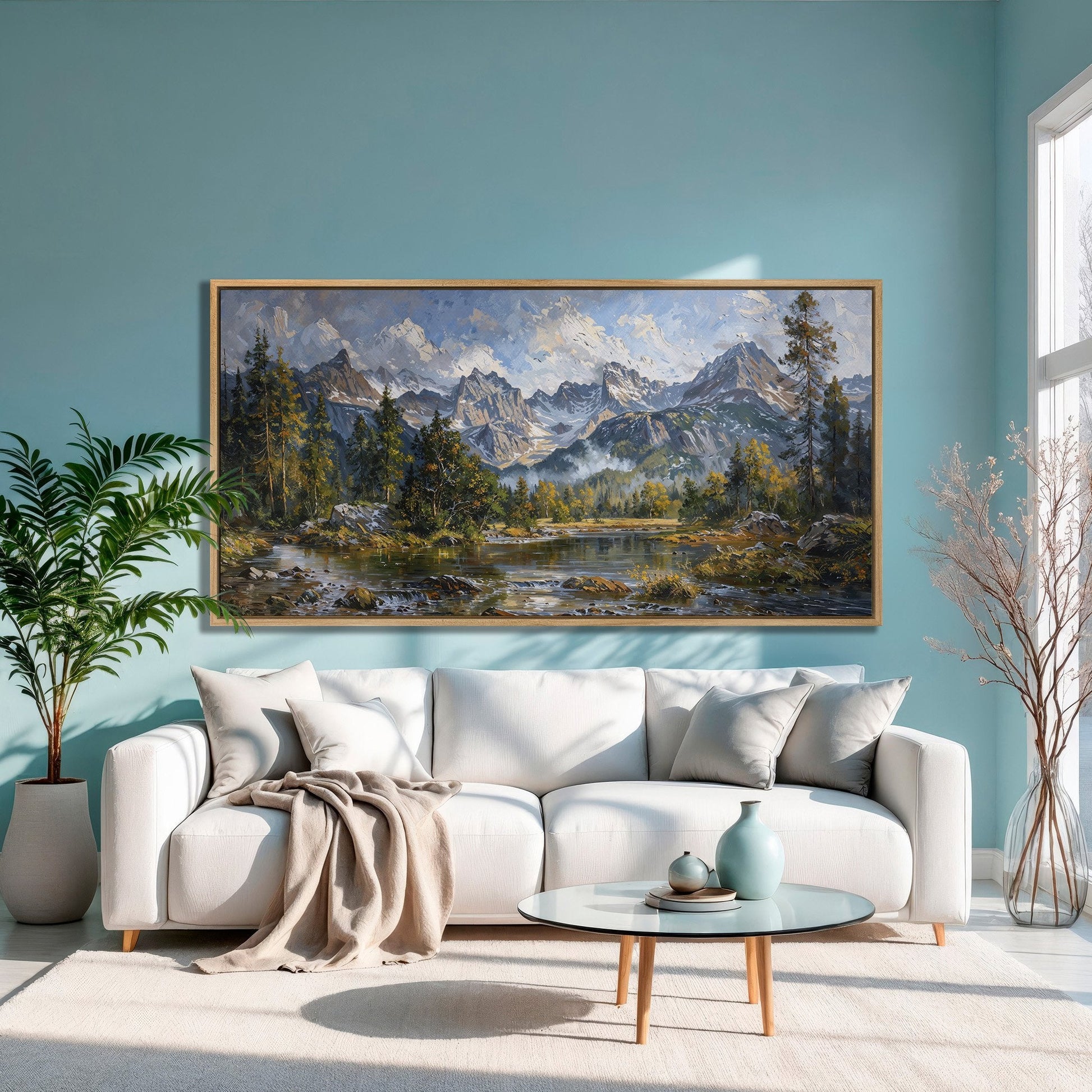 Mountain Landscape Canvas Print with River and Green Trees
