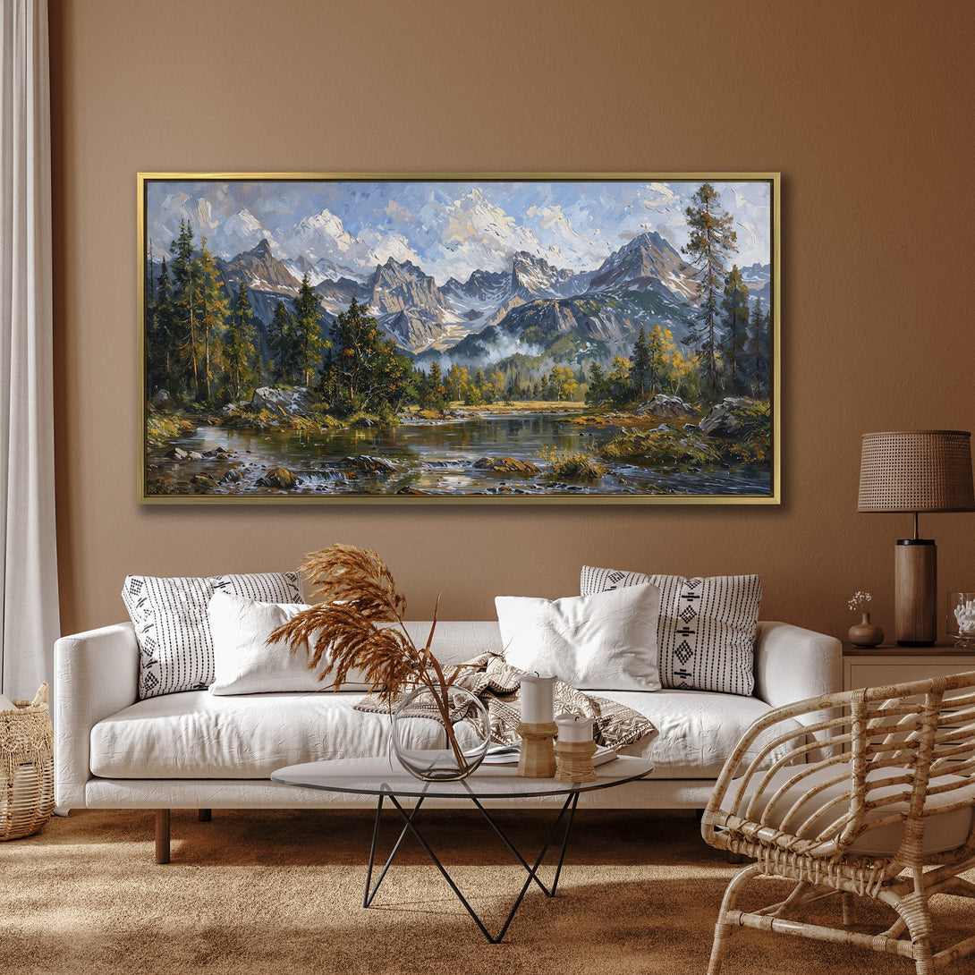 Canvas Print of a stunning mountain landscape painting. Features a serene lake, lush trees, and a cool blue and green color palette. Perfect wall art!