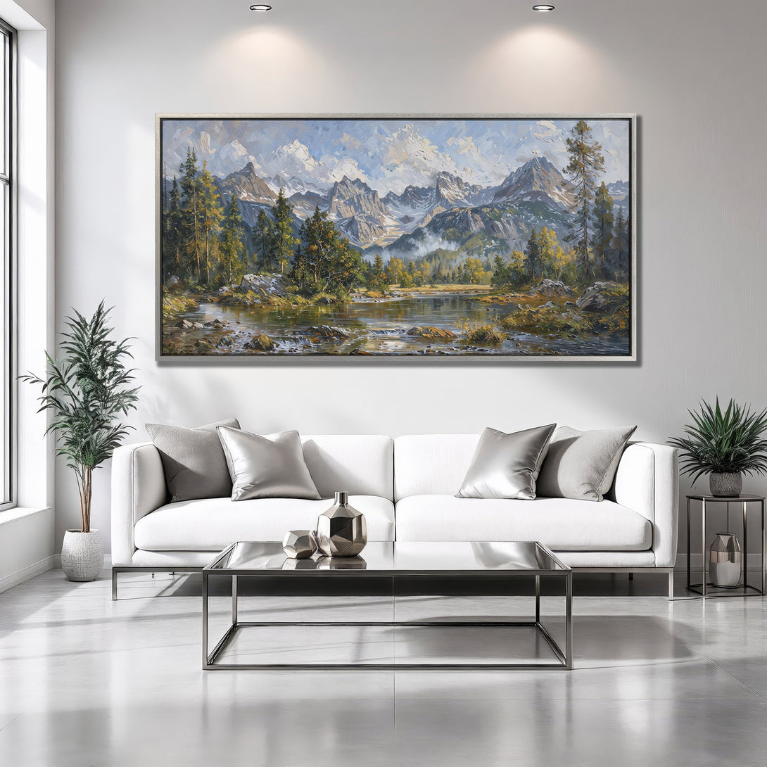 Framed Wall Art: Mountain landscape painting in blues, greens, and golds. Perfect for living room decor. Add a touch of nature to your home!