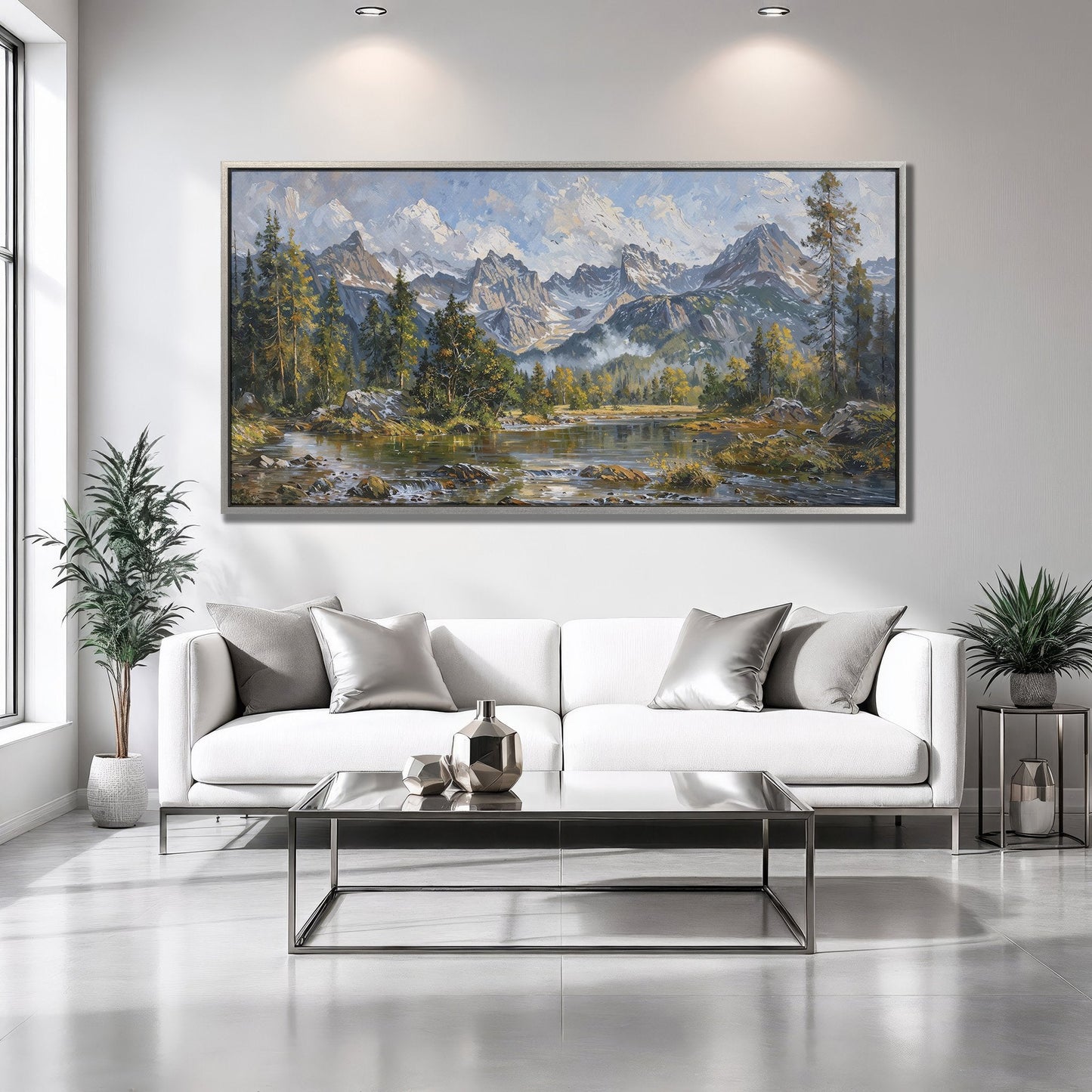Mountain Landscape Canvas Print with River and Green Trees