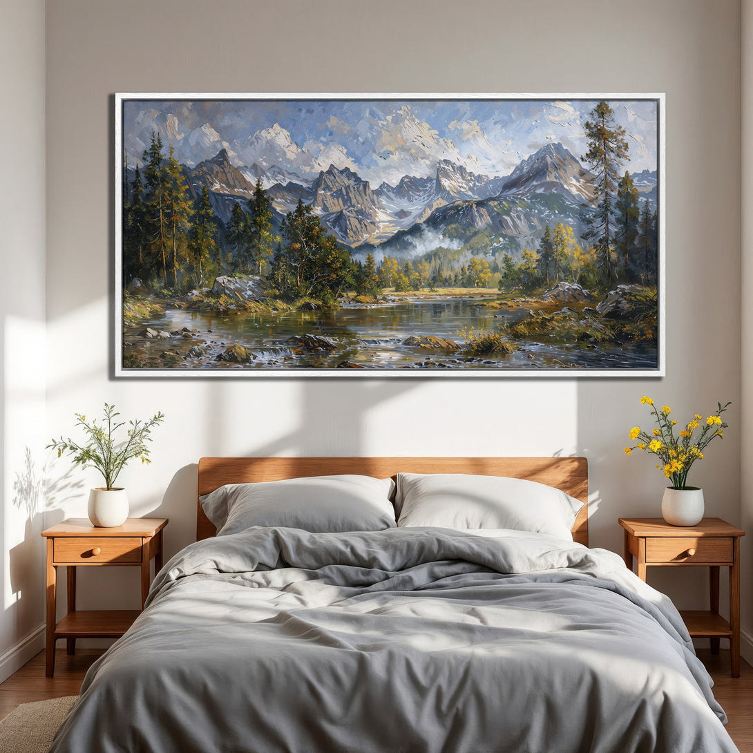 Framed Wall Art: Majestic mountain landscape painting in a bedroom. Impressionistic style with a cool, natural color palette. Perfect for home decor.