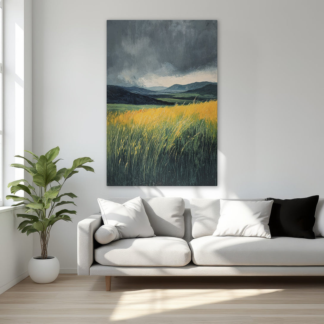 Framed Wall Art: Dramatic landscape Canvas Print with moody sky, yellow and green fields. Adds a touch of elegance and color to any interior.