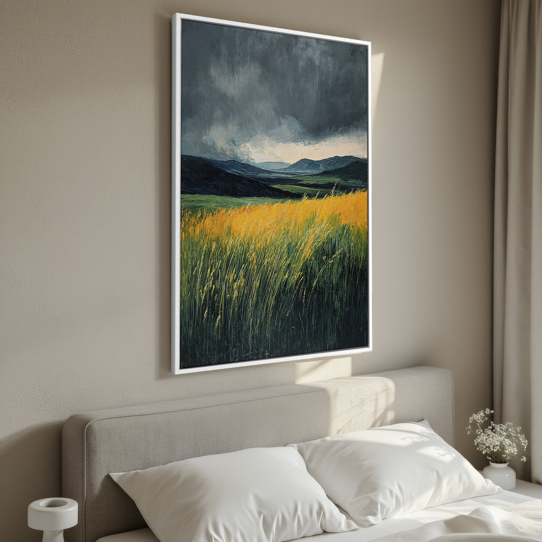 Framed Wall Art: Landscape painting with dark skies and golden fields. Earthy tones of green, yellow, and gray create a calming, artistic vibe for your home.