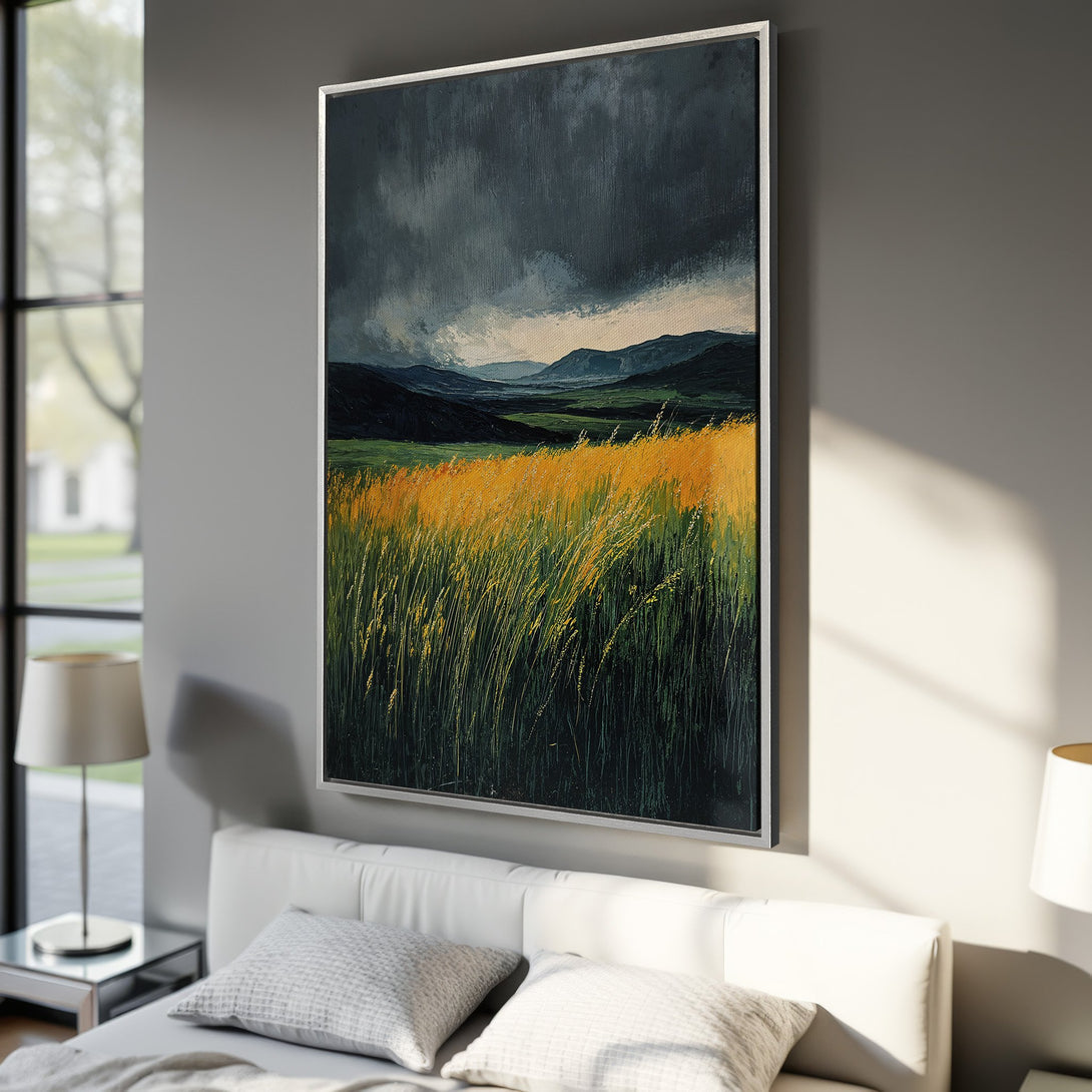 Framed Wall Art: Landscape Canvas Print with moody sky and golden field. Earthy tones of green, gold, and grey create a serene, natural aesthetic for your home decor.