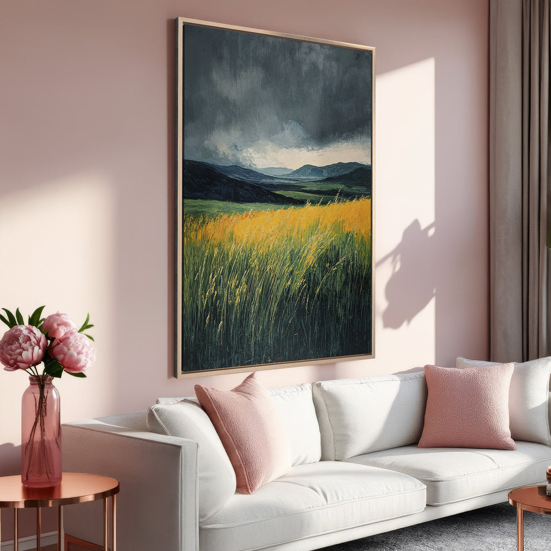 Framed Wall Art: Landscape painting with moody sky & vibrant field. Earthy tones, perfect for living room decor. Shop canvas prints now!