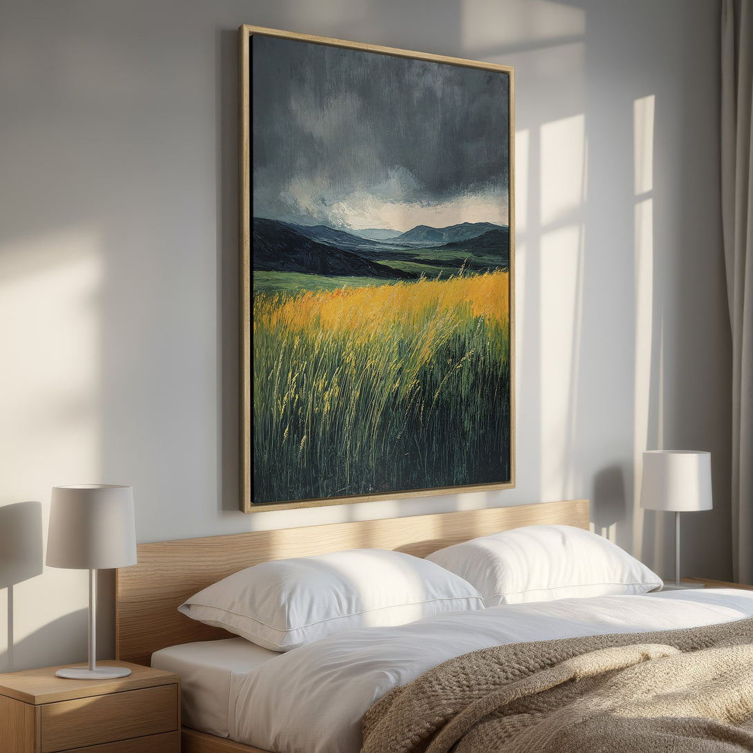 Framed Wall Art: Landscape painting with moody skies and golden field. Adds a touch of nature and serenity. Perfect for bedroom decor. Shop now!