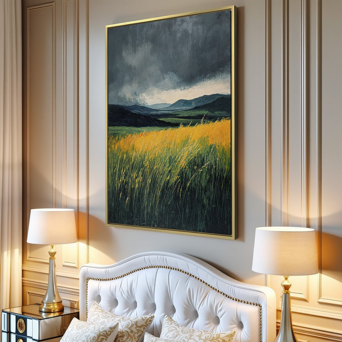 Canvas Print of a landscape painting featuring a field of yellow grass and mountains. Moody style with a green, yellow, and gray color palette.