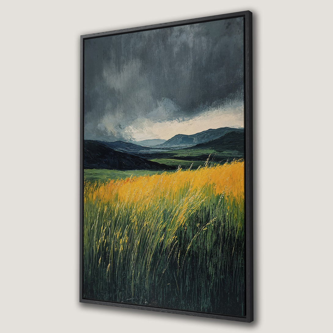 Framed Wall Art: Landscape painting with moody sky, golden field, and mountains. Earthy tones of green, yellow, and blue. Add a touch of nature to your home!