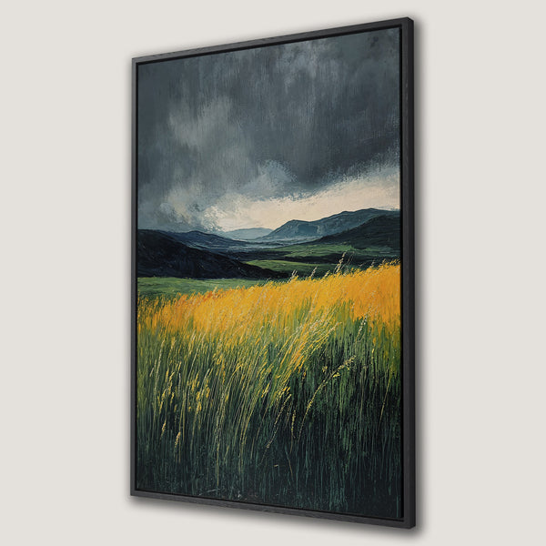 Framed Wall Art: Landscape painting with moody sky, golden field, and mountains. Earthy tones of green, yellow, and blue. Add a touch of nature to your home!