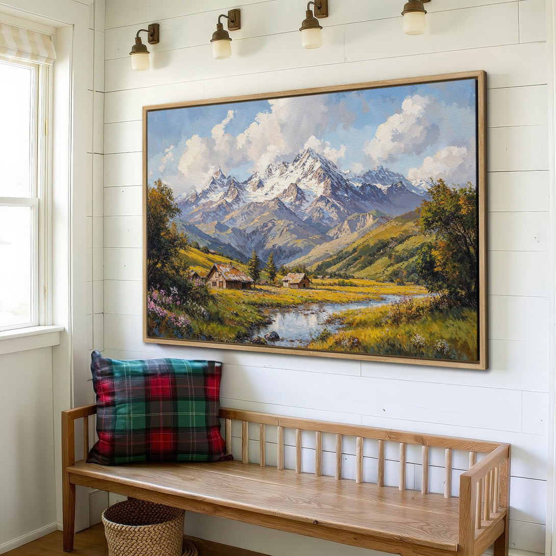 Framed Wall Art: Mountain landscape Canvas Print in warm tones. Rustic style art with blue sky and green/yellow fields. Perfect for home decor.