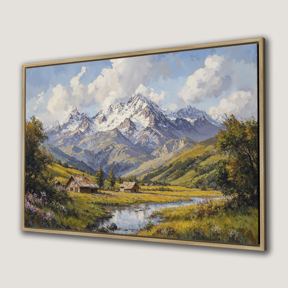 Framed Wall Art: Mountain landscape canvas print in warm earth tones. Bring the beauty of nature into your home with this stunning artwork.