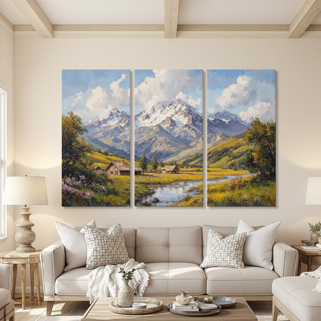 Canvas Print of a mountain landscape painting in a living room. Features a serene scene with blue, green, and yellow hues. Perfect wall art for any home.