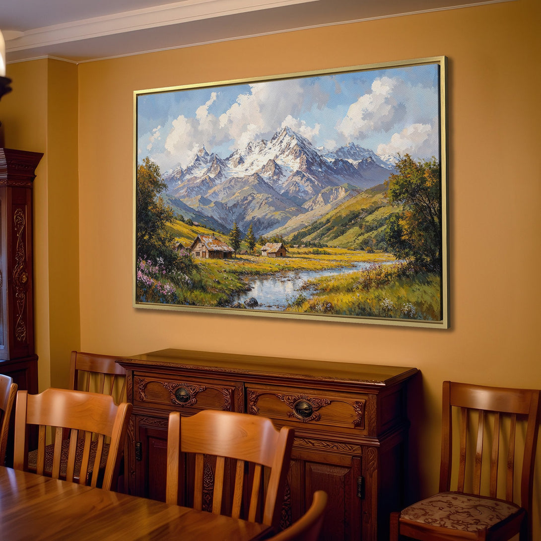 Canvas Print of a mountain landscape painting in a living room, featuring a blue, green, and white color palette.