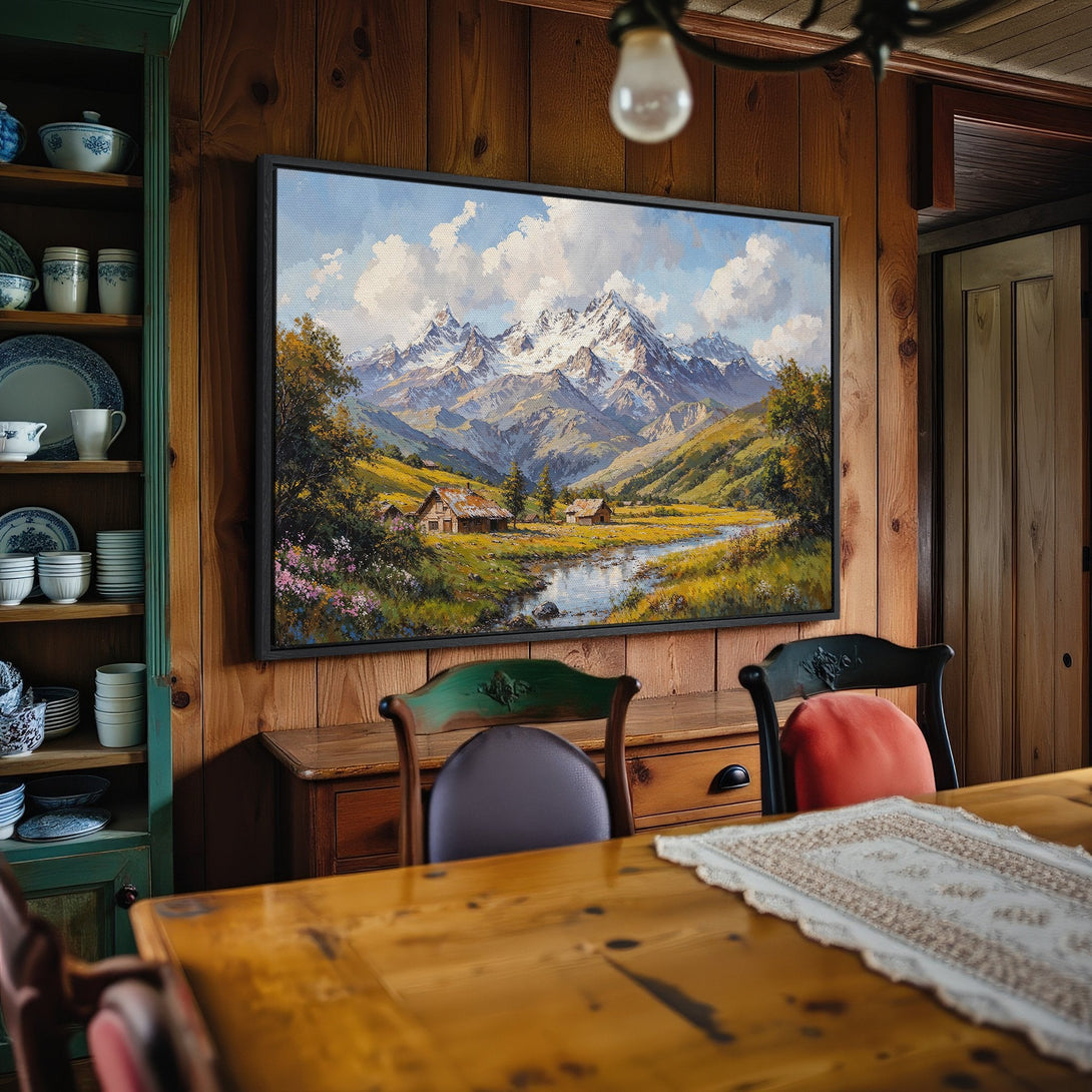 Framed Wall Art: Mountain landscape canvas print in a rustic interior. Earthy tones and a classic painting style create a cozy, inviting atmosphere.