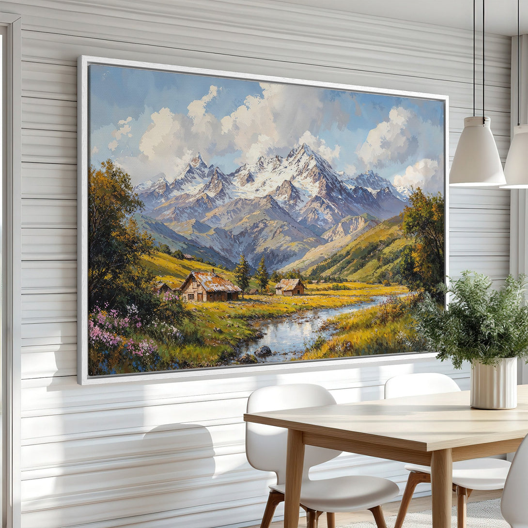 Framed Wall Art Canvas Print of a majestic mountain landscape in a classic, painterly style. Featuring a warm, natural color palette. Perfect for home decor.