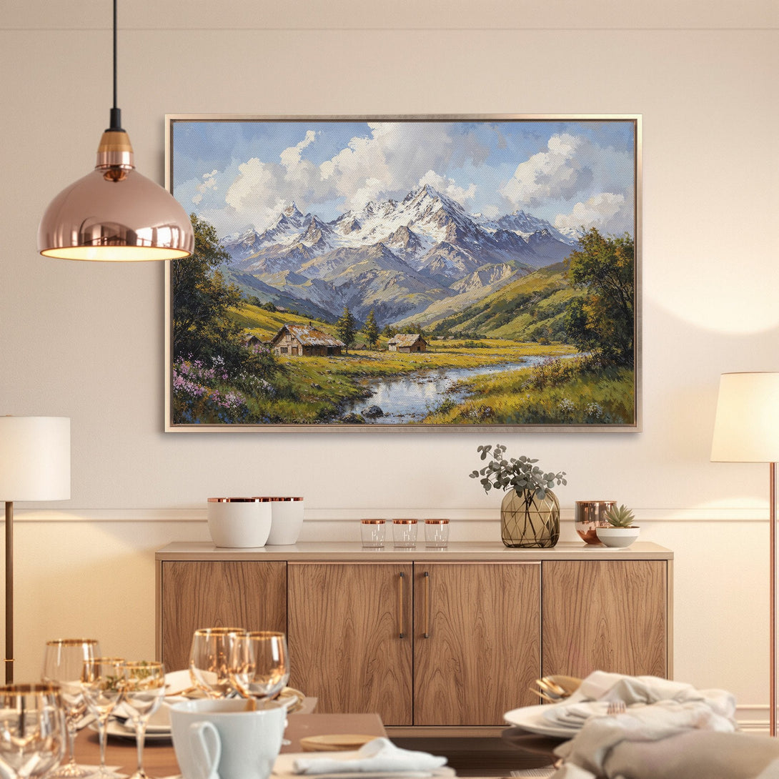 Framed Wall Art: Mountain landscape canvas print in warm, natural tones. Enhance your home with this stunning, classic art piece.