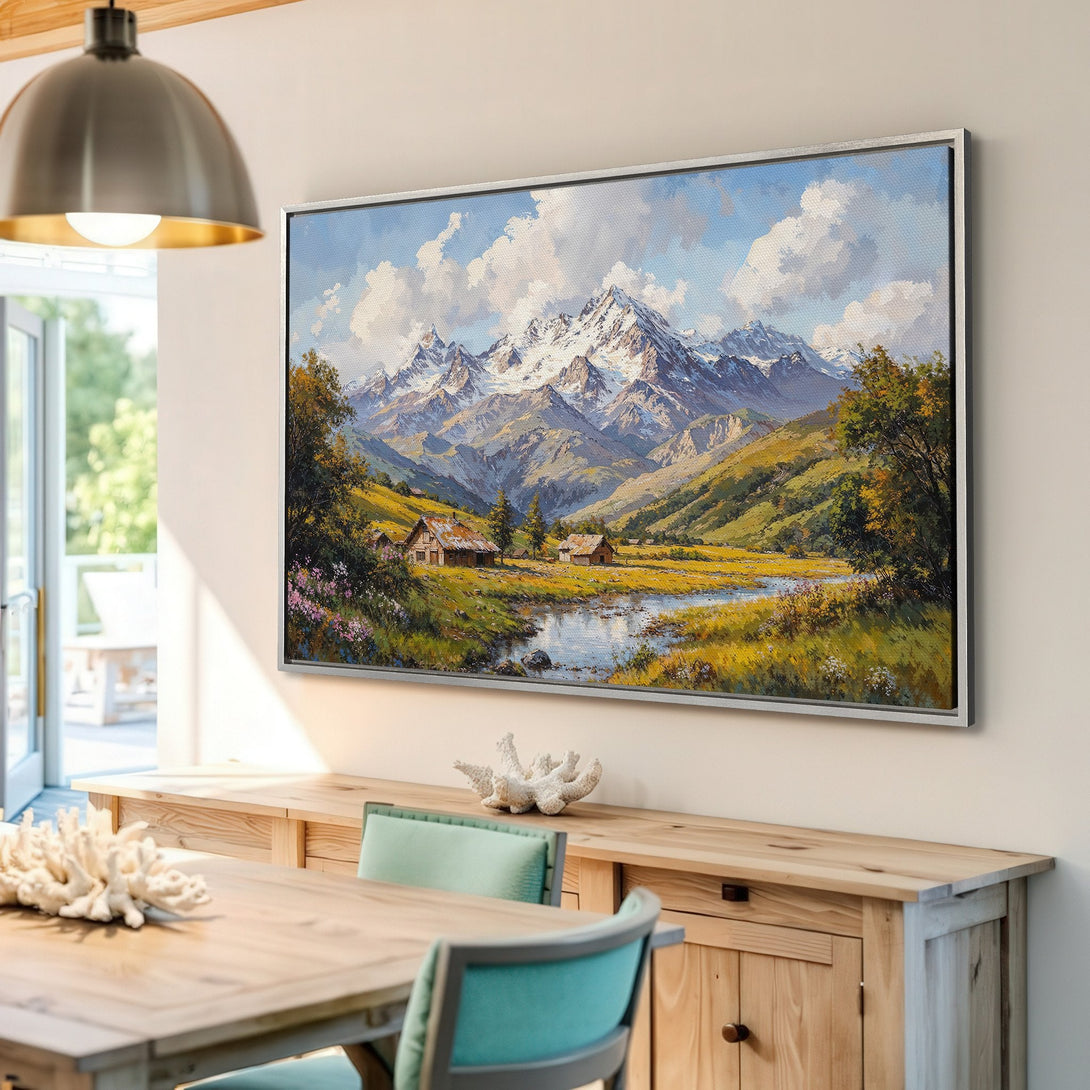 Framed Wall Art: Mountain landscape Canvas Print in warm tones. Perfect for living rooms. Add a touch of nature to your home decor with this beautiful artwork.