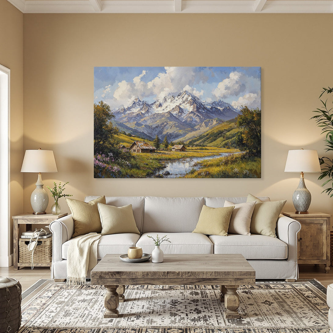 Framed Wall Art: Mountain landscape canvas print in warm tones. Perfect for adding a touch of nature to your home decor.