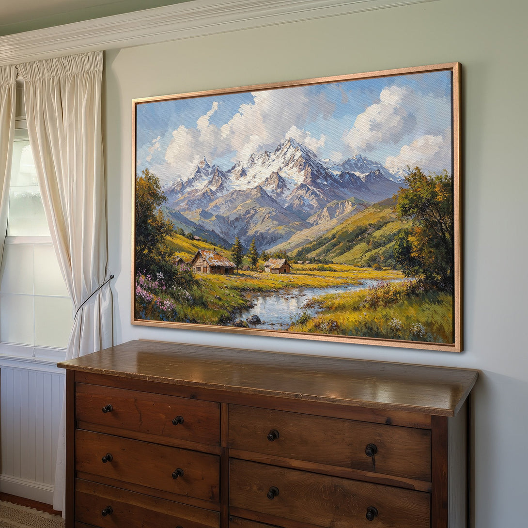 Framed Wall Art: Mountain landscape Canvas Print in warm tones. Adds a touch of nature and serene beauty to any interior. Shop now!